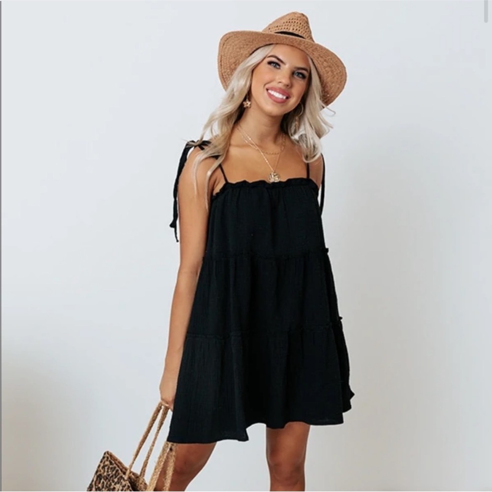 100% Cotton Black Sleeveless Tiered Dress with tie straps